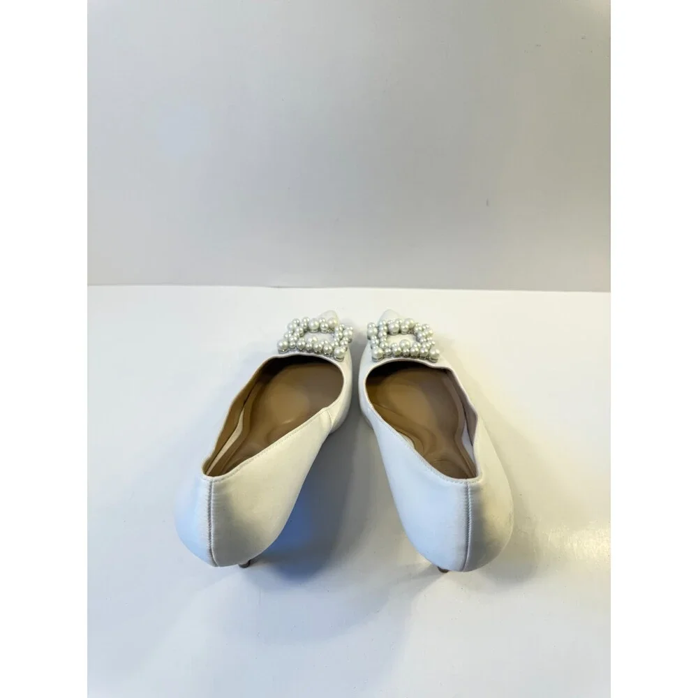 Kelly & Katie Womens Heels Satin Kitten White Pearl Buckle US 8